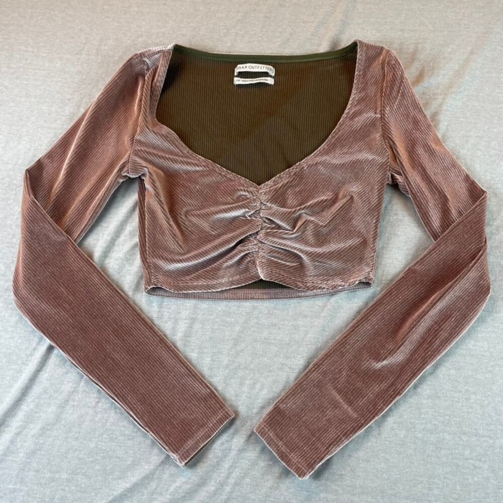 Urban Outfitters Long Sleeve Crop Velvet Ribbed XS Mauve Brown Shirt Top Blouse